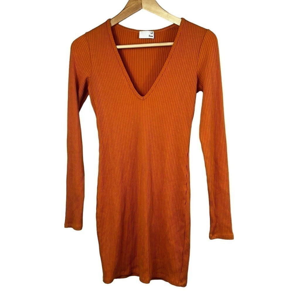 Wilfred Free Aritzia Women's Orange Ribbed Long Sleeve Bodycon Mini Dress XS